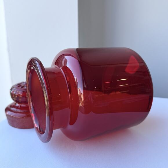 Takahashi Japan Red Glass Apothecary Canister Jar Daisy Lid 6" x 3 3/4" MCM - Picture 8 of 9